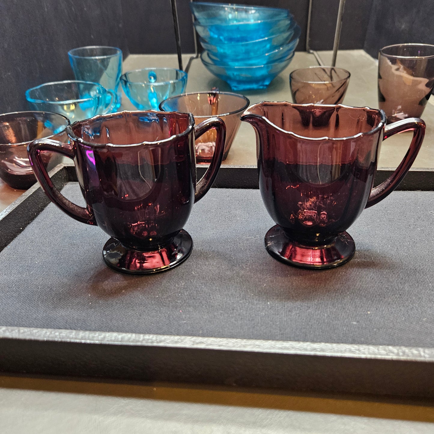 Vtg Hazel Atlas Amethyst Newport Hairpin Sugar & Cream Bowl Depression Glass Set 7831