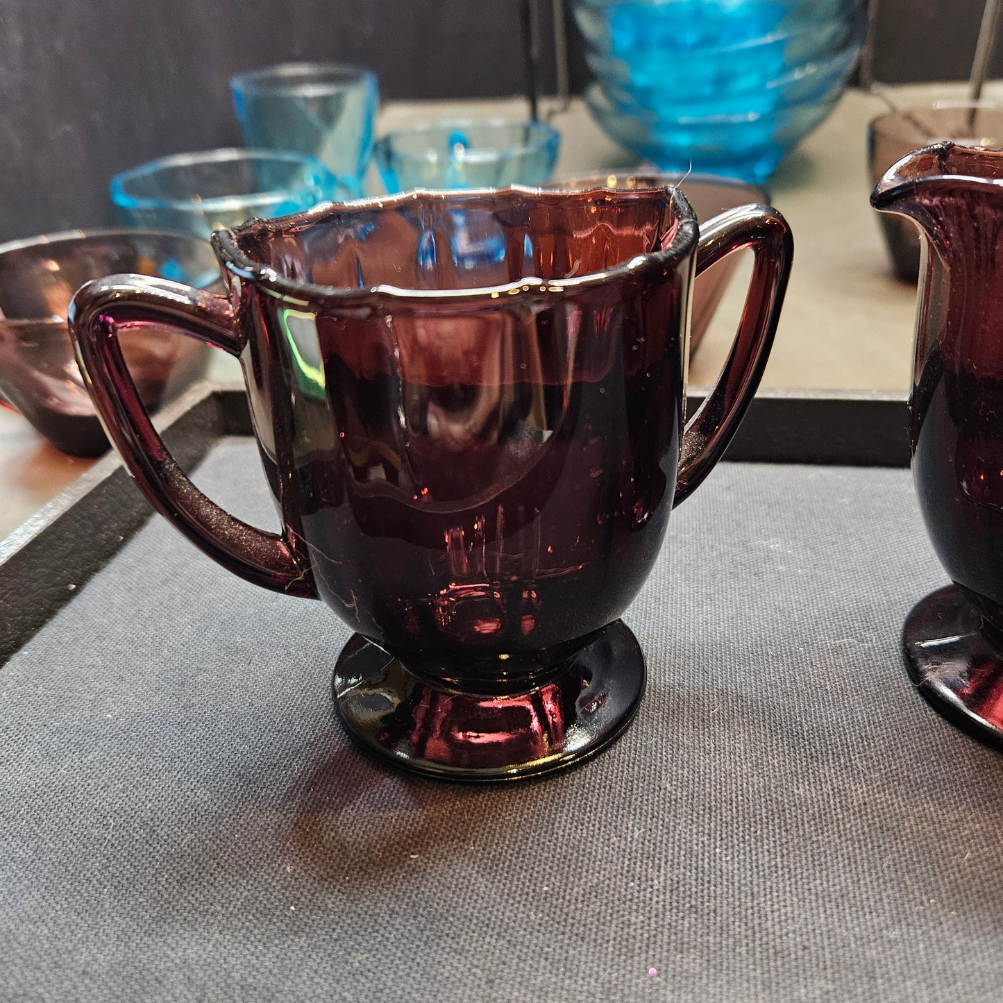 Vtg Hazel Atlas Amethyst Newport Hairpin Sugar & Cream Bowl Depression Glass Set 7831