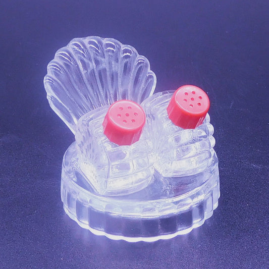 Vintage Salt and Pepper Shaker Set - Shell and Turkey Design - Red Plastic Caps - Unique Fine Chip Detail - 2 Tall Shell Holder(7081) FREE SHIPPING!