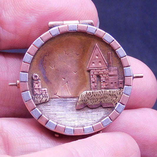 Vintage Round Locket with House on the Water Scene - Charming and Weathered (7133md) FREE SHIPPING!!