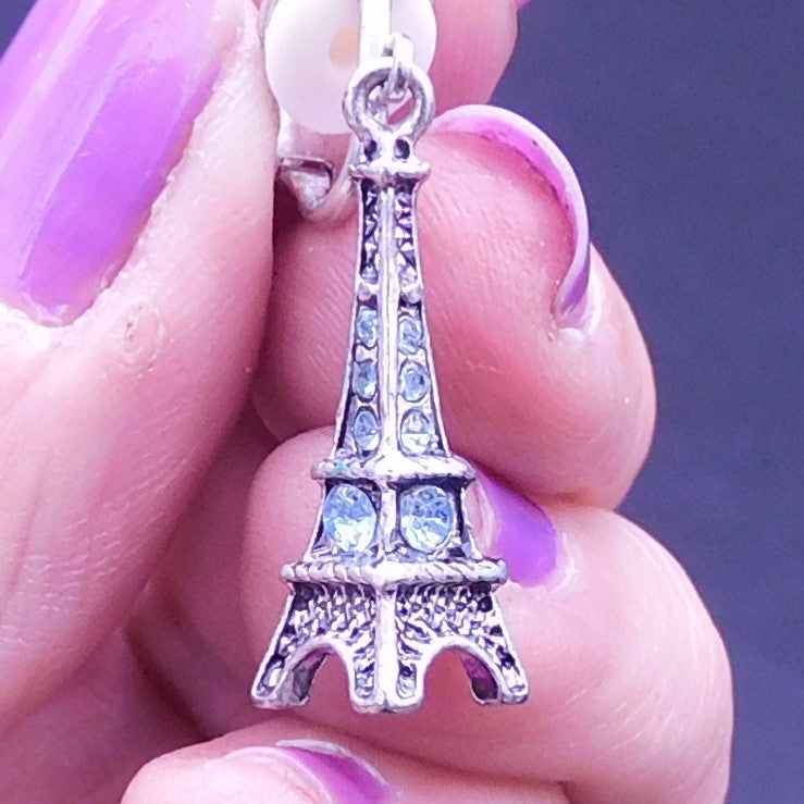 Vintage Eiffel Tower Clip on Earrings with Rhinestones (7199c)
