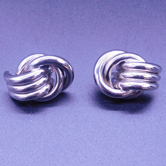 Vintage Triple Pipe, Hollow, Silver Tone Knot Clip On Earrings 7209c