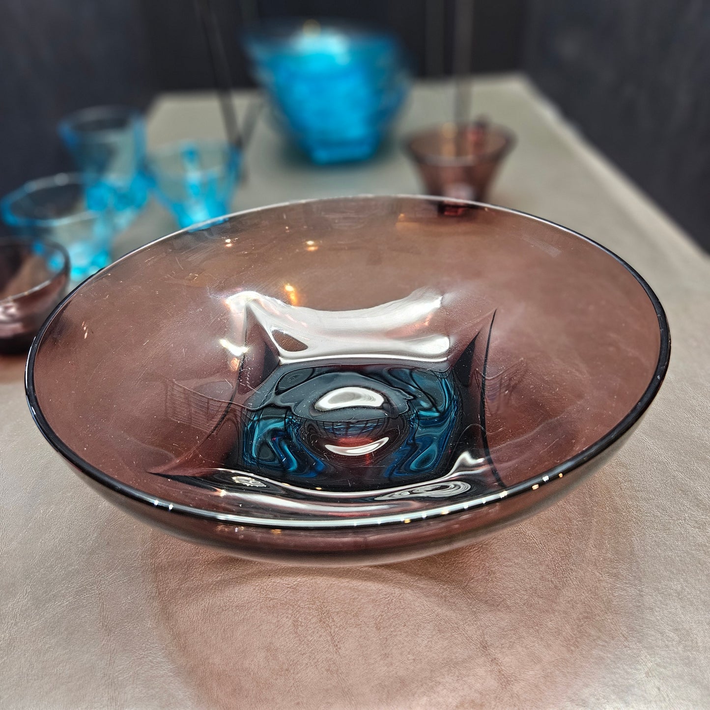 Moroccan Amethyst Bowl Hazel Ware Purple Round Glass Serving Bowl Square Base Mid-century Modern Vintage 7834