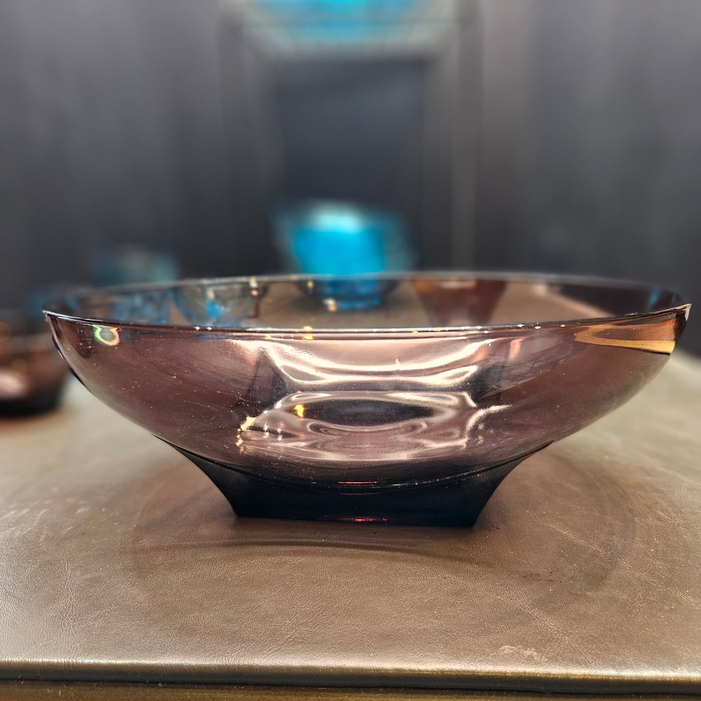 Moroccan Amethyst Bowl Hazel Ware Purple Round Glass Serving Bowl Square Base Mid-century Modern Vintage 7834