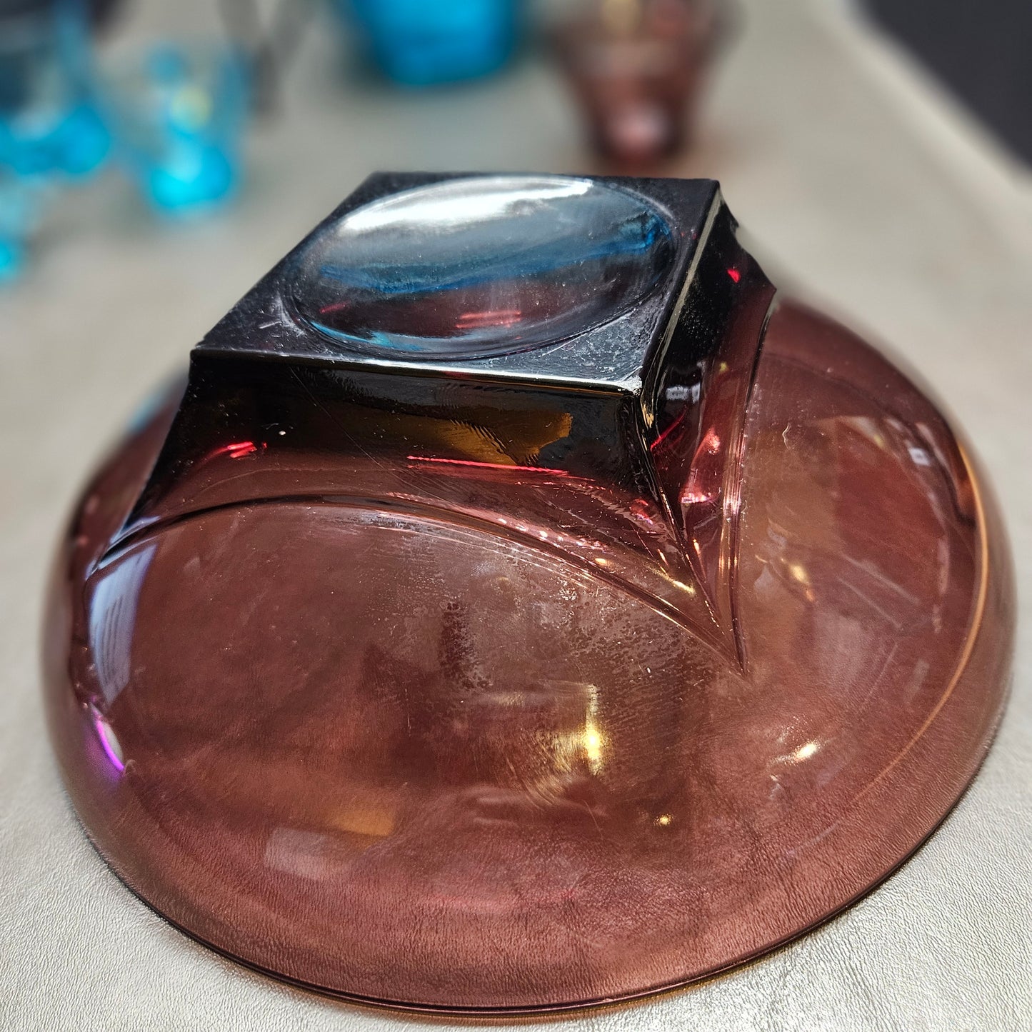 Moroccan Amethyst Bowl Hazel Ware Purple Round Glass Serving Bowl Square Base Mid-century Modern Vintage 7834